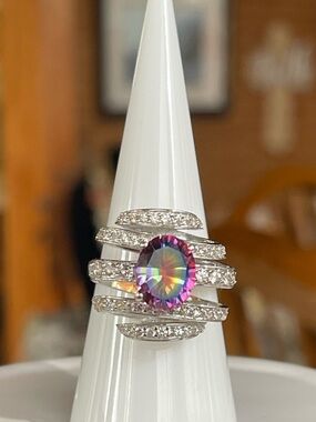 D’Joy Nebula Quartz Halo Statement Ring Sterling Silver Size 7.75
